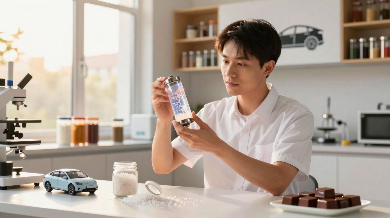 Jeune homme en laboratoire examinant une capsule devant un microscope et une maquette de voiture.