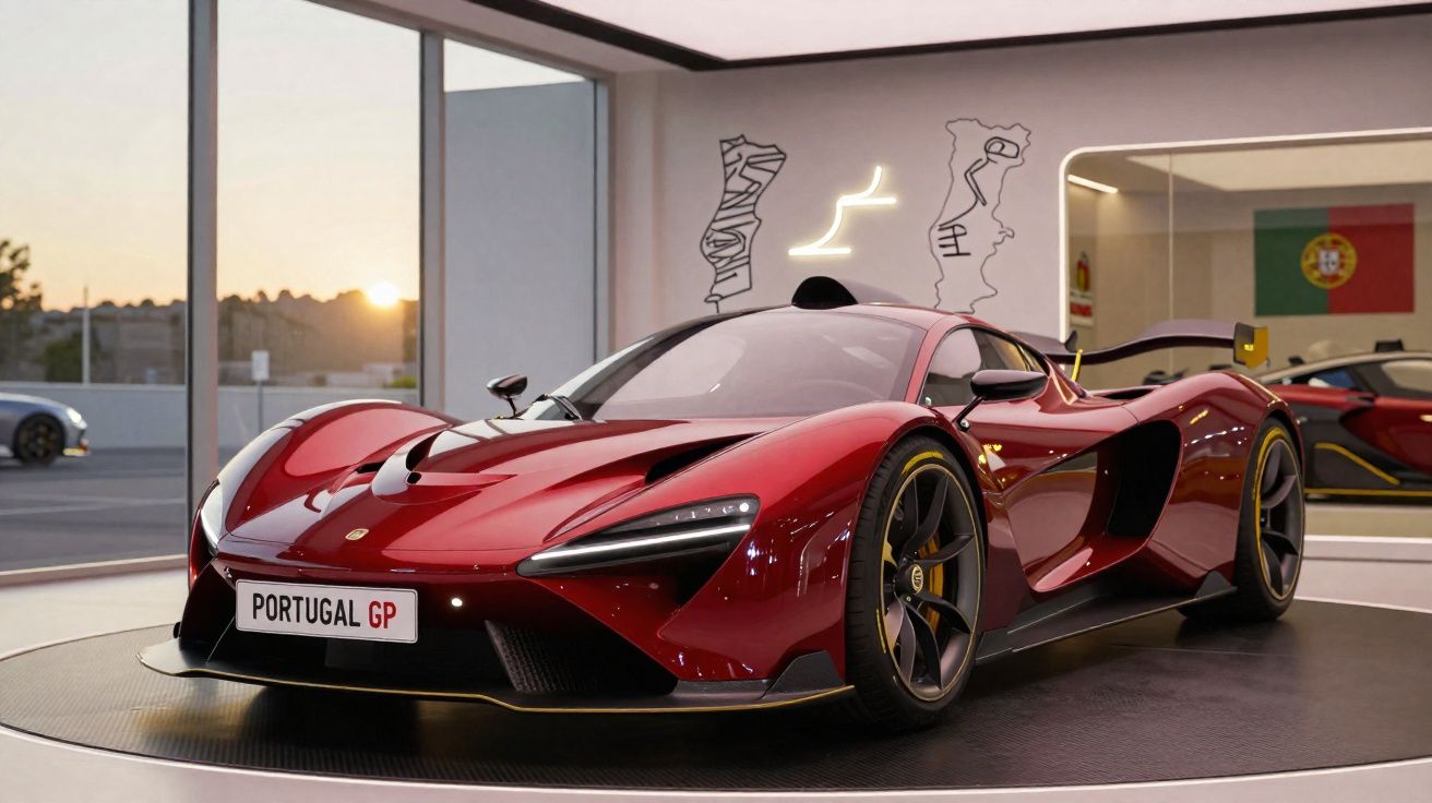Voiture de sport rouge brillante exposée dans une salle avec un drapeau du Portugal en arrière-plan.