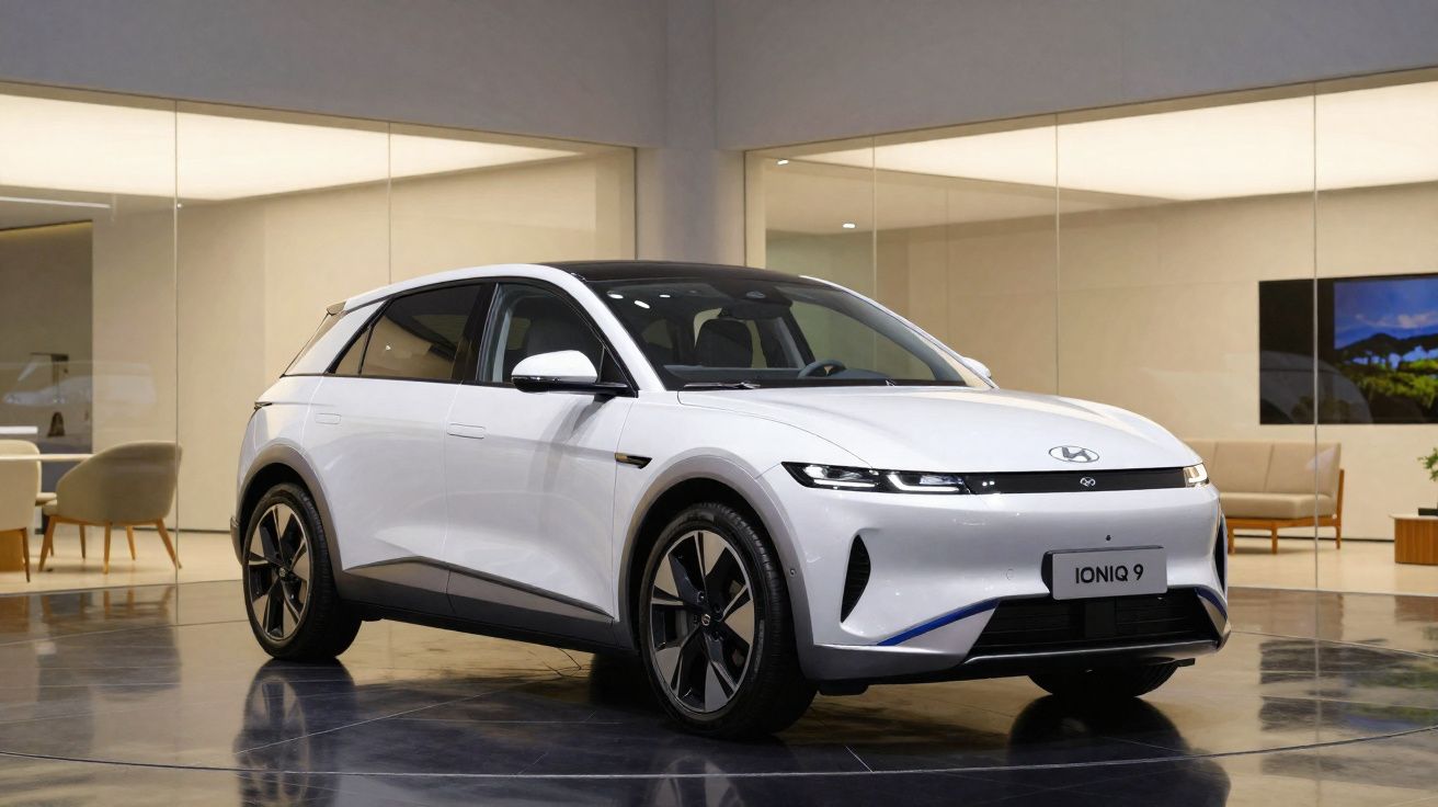 Voiture électrique blanche Hyundai Ioniq 9 exposée dans un showroom moderne et lumineux.
