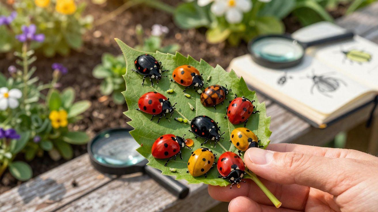 Main tenant une feuille verte avec différentes coccinelles colorées et des œufs verts posés dessus.