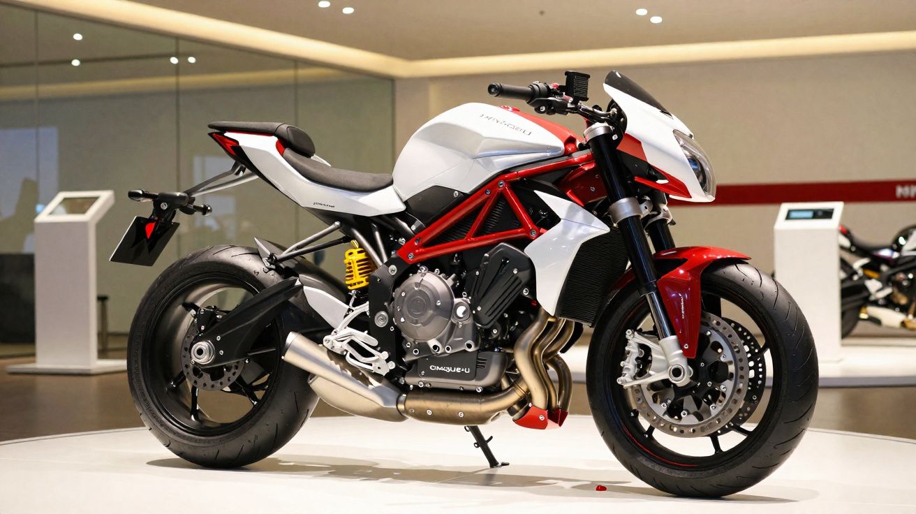 Moto sportive moderne blanche et rouge exposée sur un podium en intérieur, avec cadre apparent rouge et suspensions jaunes.