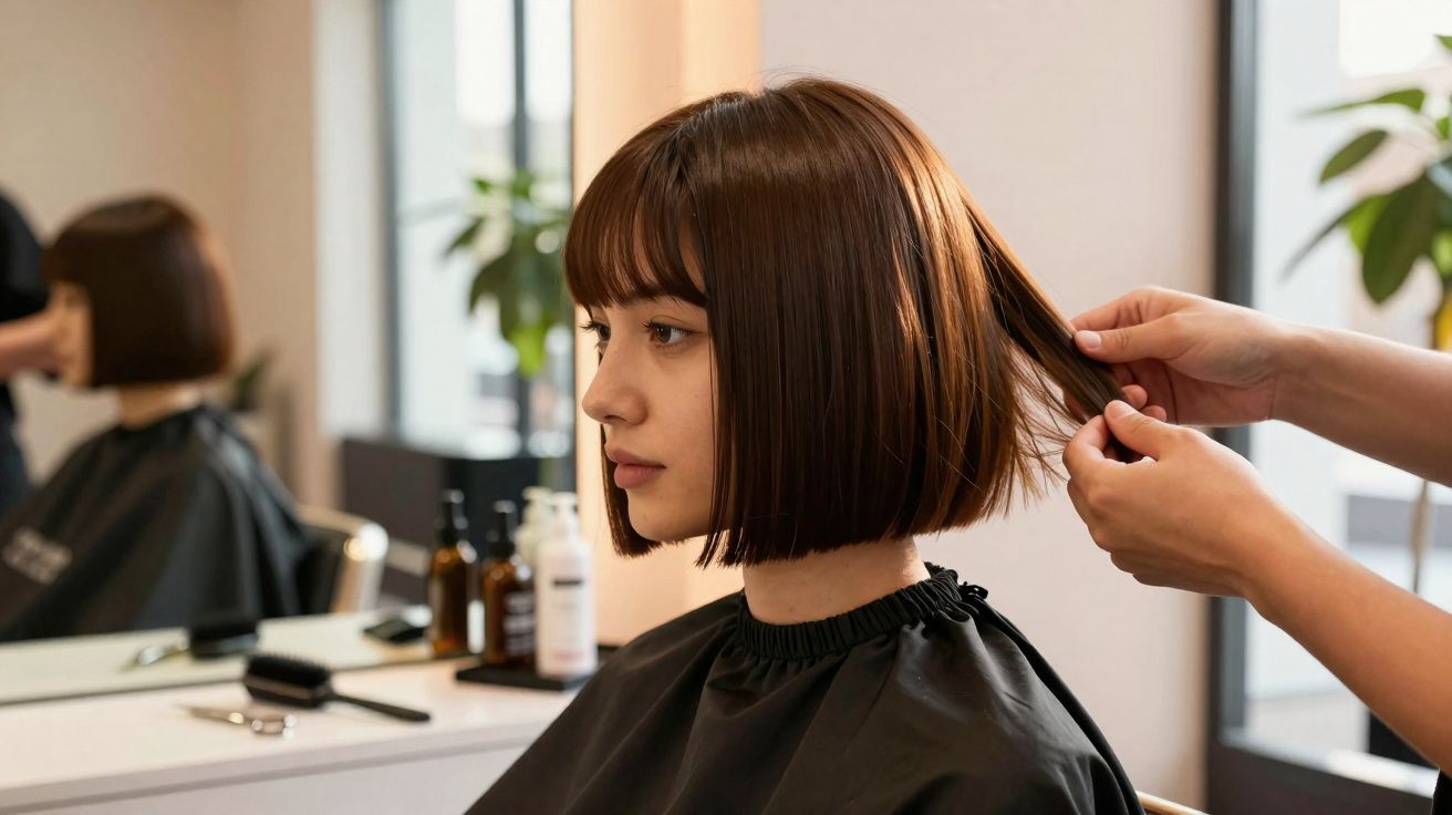 Femme aux cheveux courts bruns en train d'être coiffée dans un salon de beauté, devant un miroir.