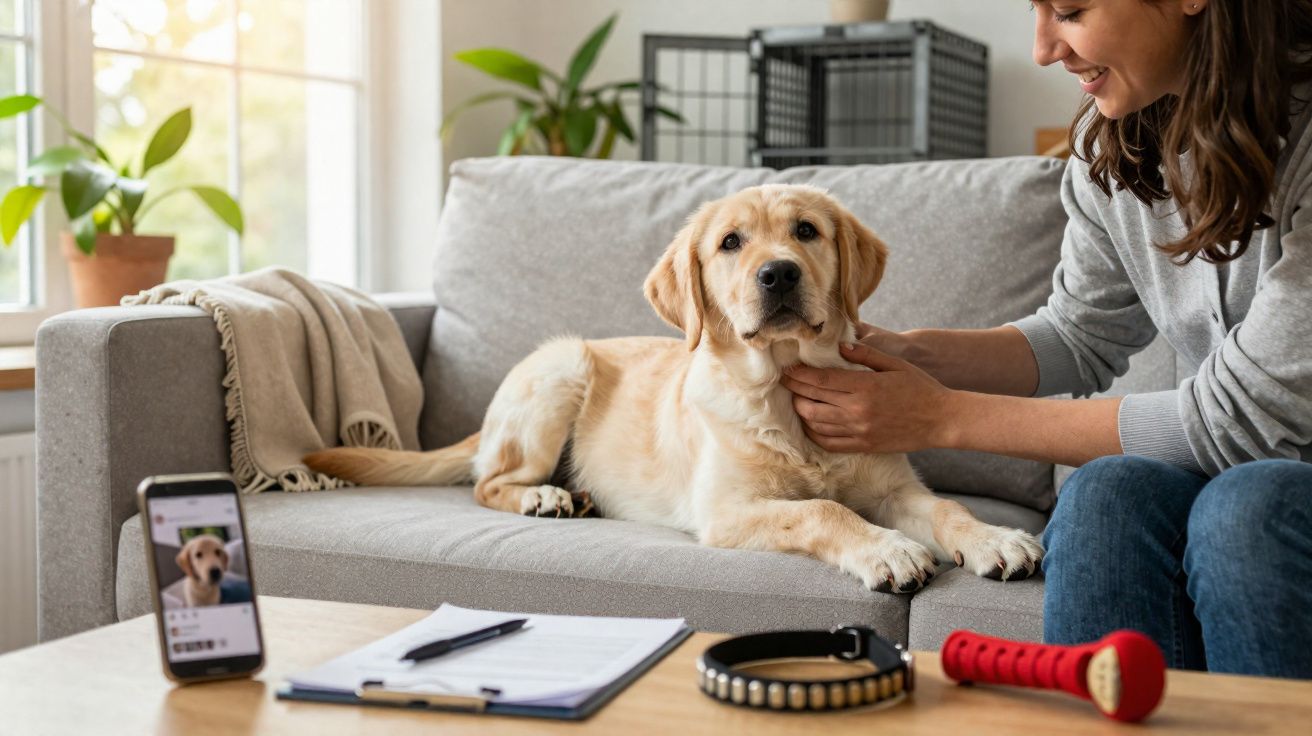 Jeune femme souriante caressant un chien labrador allongé sur un canapé dans un salon lumineux.