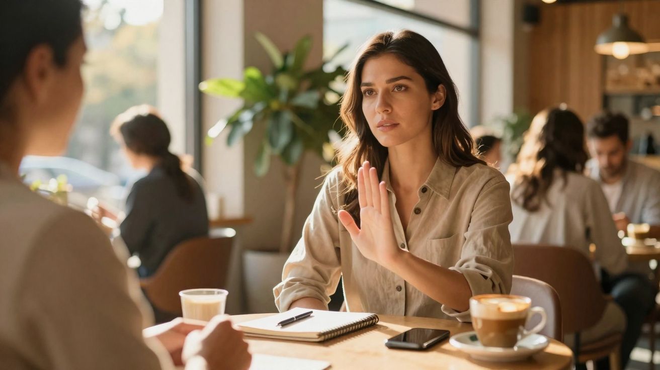 Jeune femme au café levant la main en signe de refus lors d'une conversation avec un homme.
