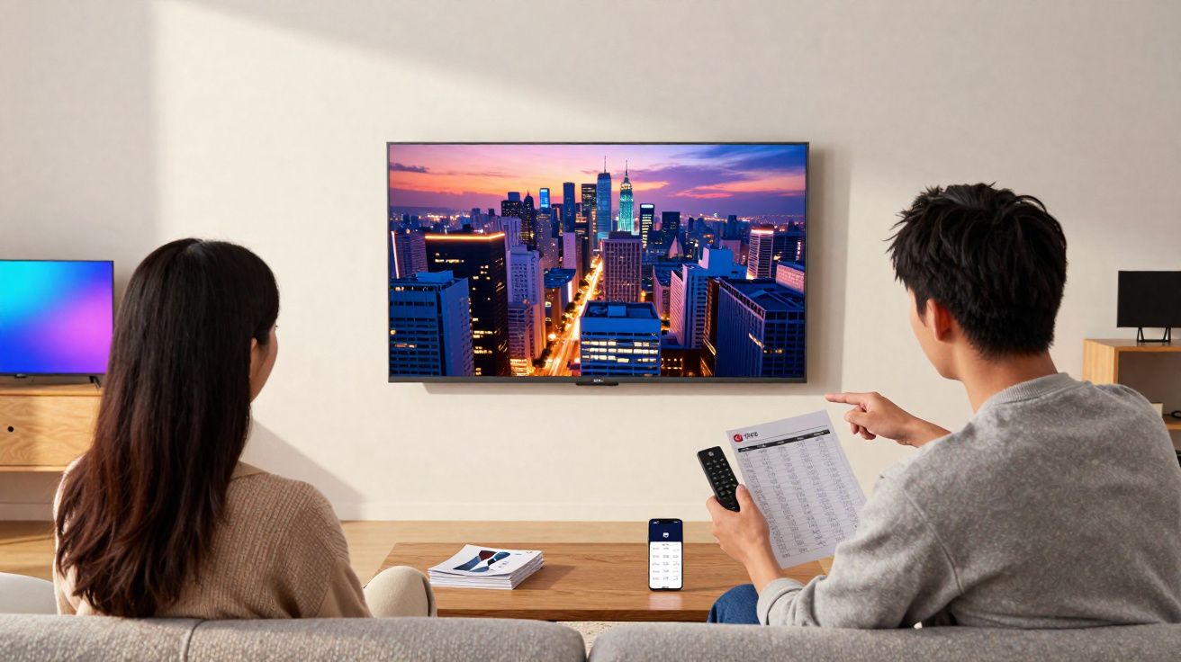 Deux personnes assises sur un canapé regardent un grand écran TV affichant une vue urbaine au coucher du soleil.