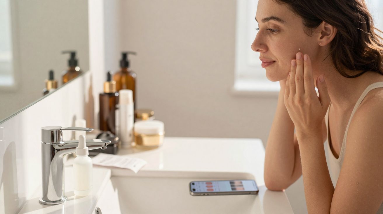 Femme appliquant un soin du visage devant un lavabo avec des produits de beauté et un téléphone posé.