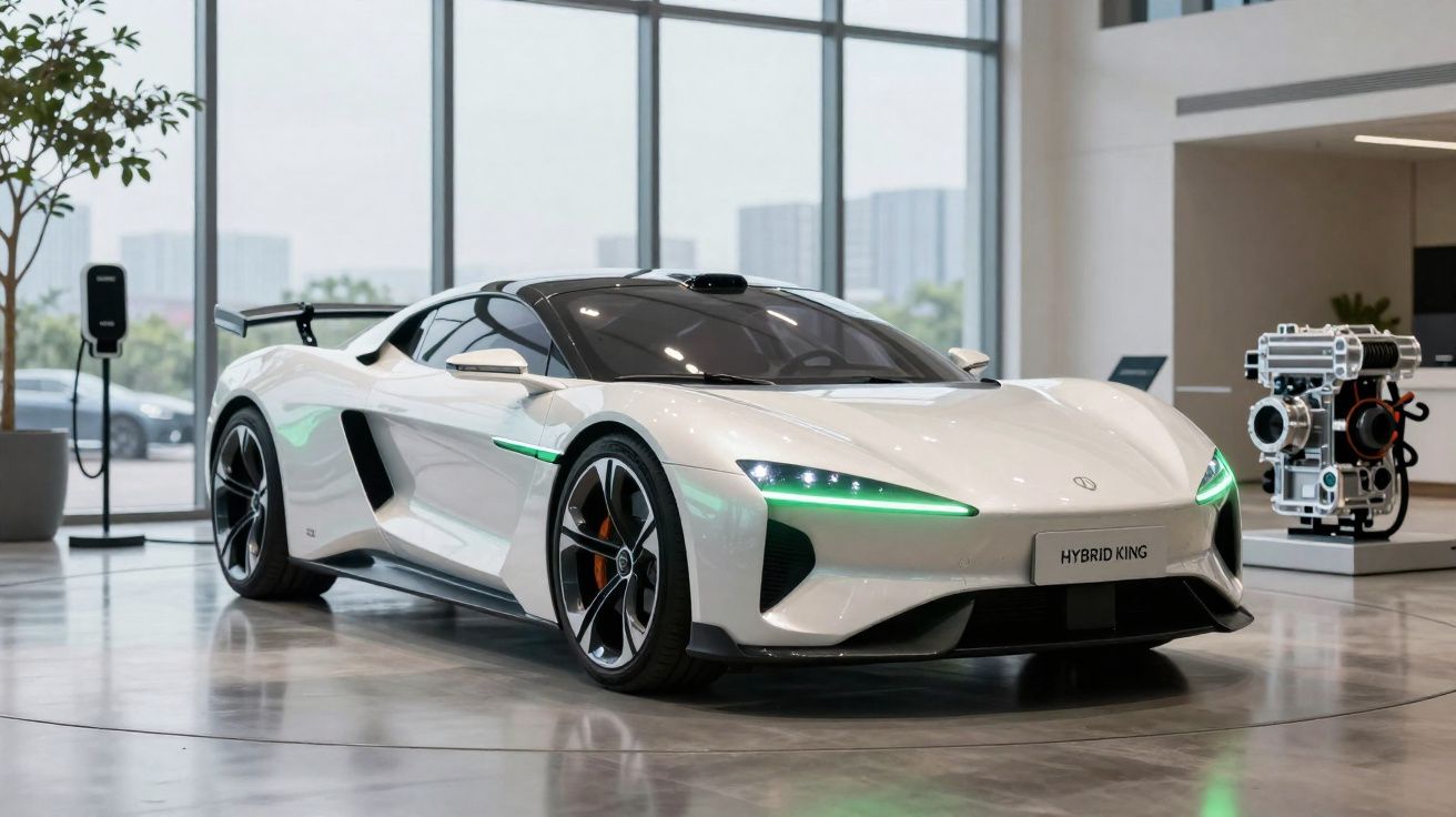 Voiture de sport électrique blanche futuriste avec phares verts, exposée dans un showroom moderne et lumineux.