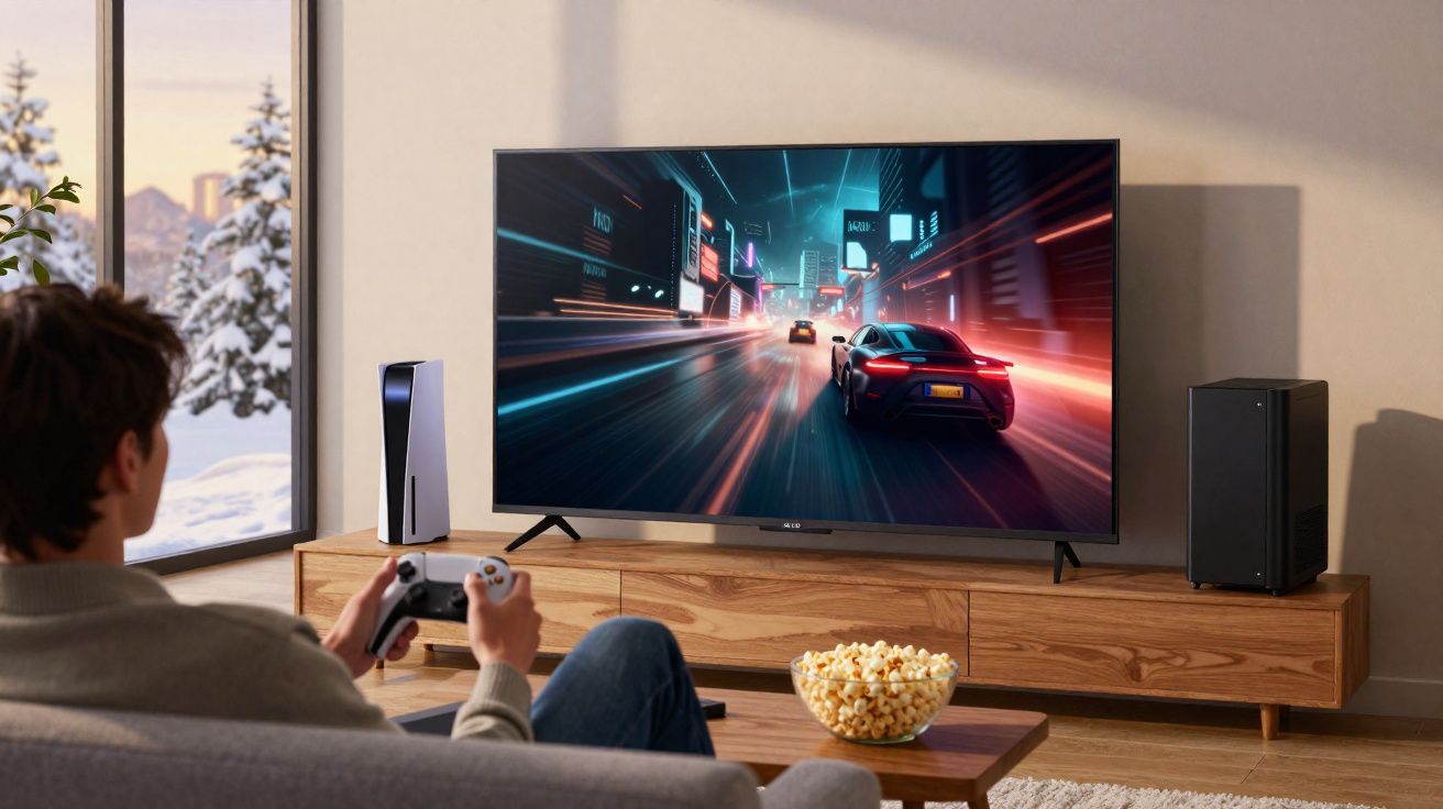 Personne assise sur un canapé jouant à un jeu vidéo de course sur une télévision dans un salon moderne.