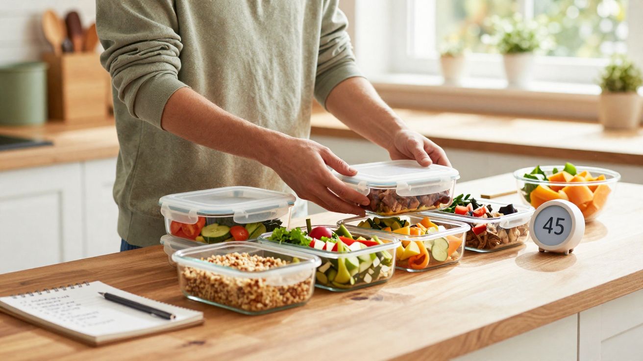 Personne range des aliments sains dans des boîtes hermétiques sur un plan de travail lumineux de cuisine.