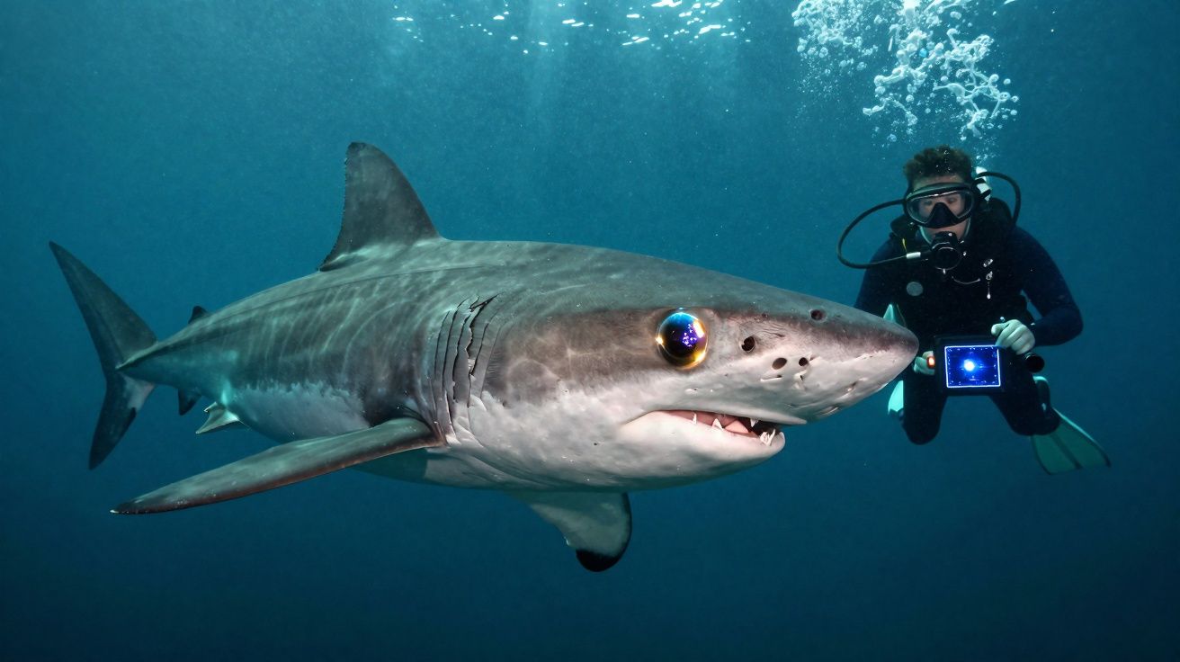 Plongée sous-marine avec un grand requin et un plongeur tenant une tablette lumineuse dans l'océan.