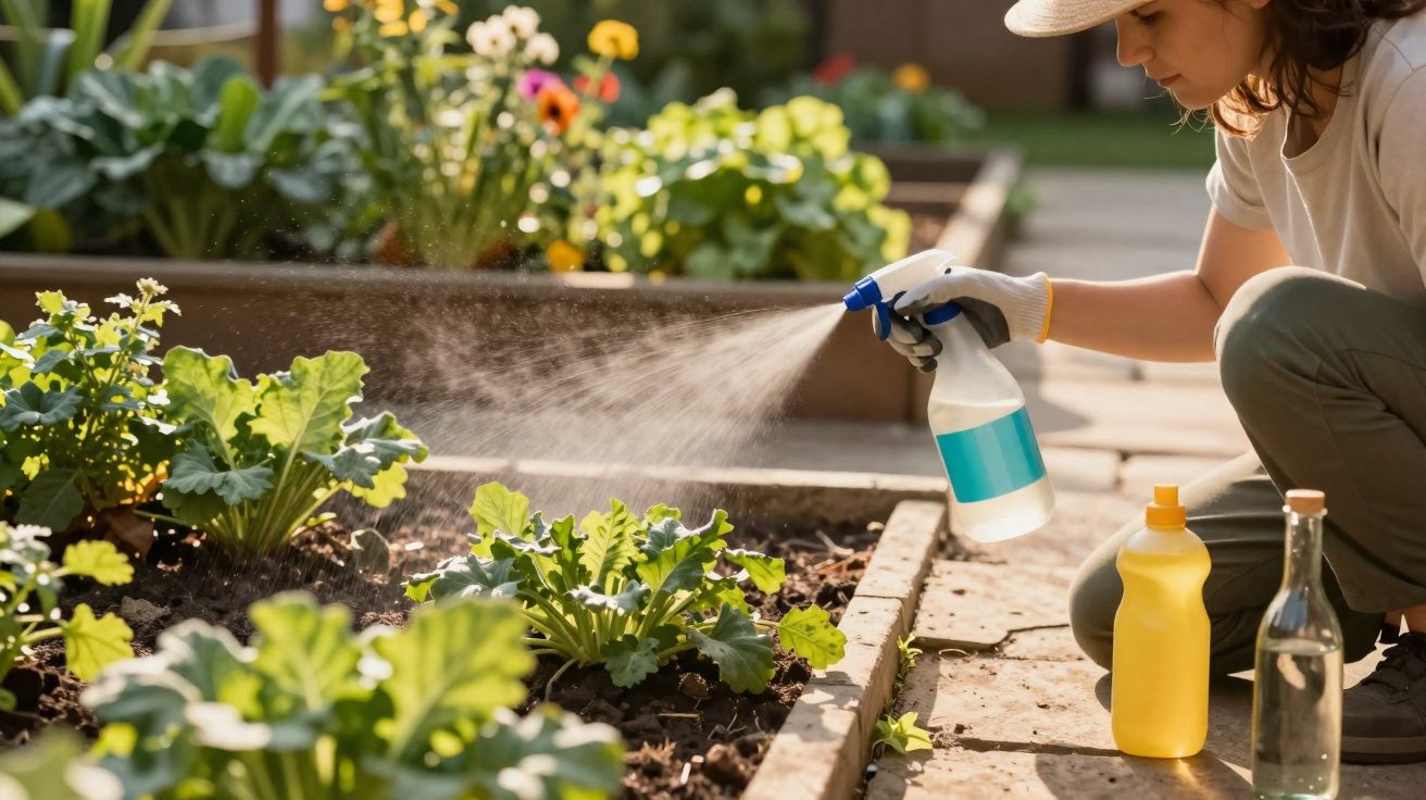 Femme en chapeau arrosant des plantes du potager avec un vaporisateur dans un jardin ensoleillé.