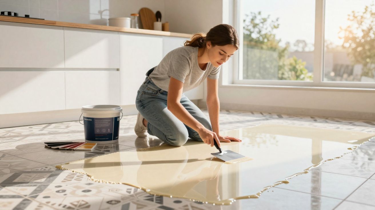 Femme appliquant une résine époxy transparente sur un sol carrelé dans une cuisine lumineuse.