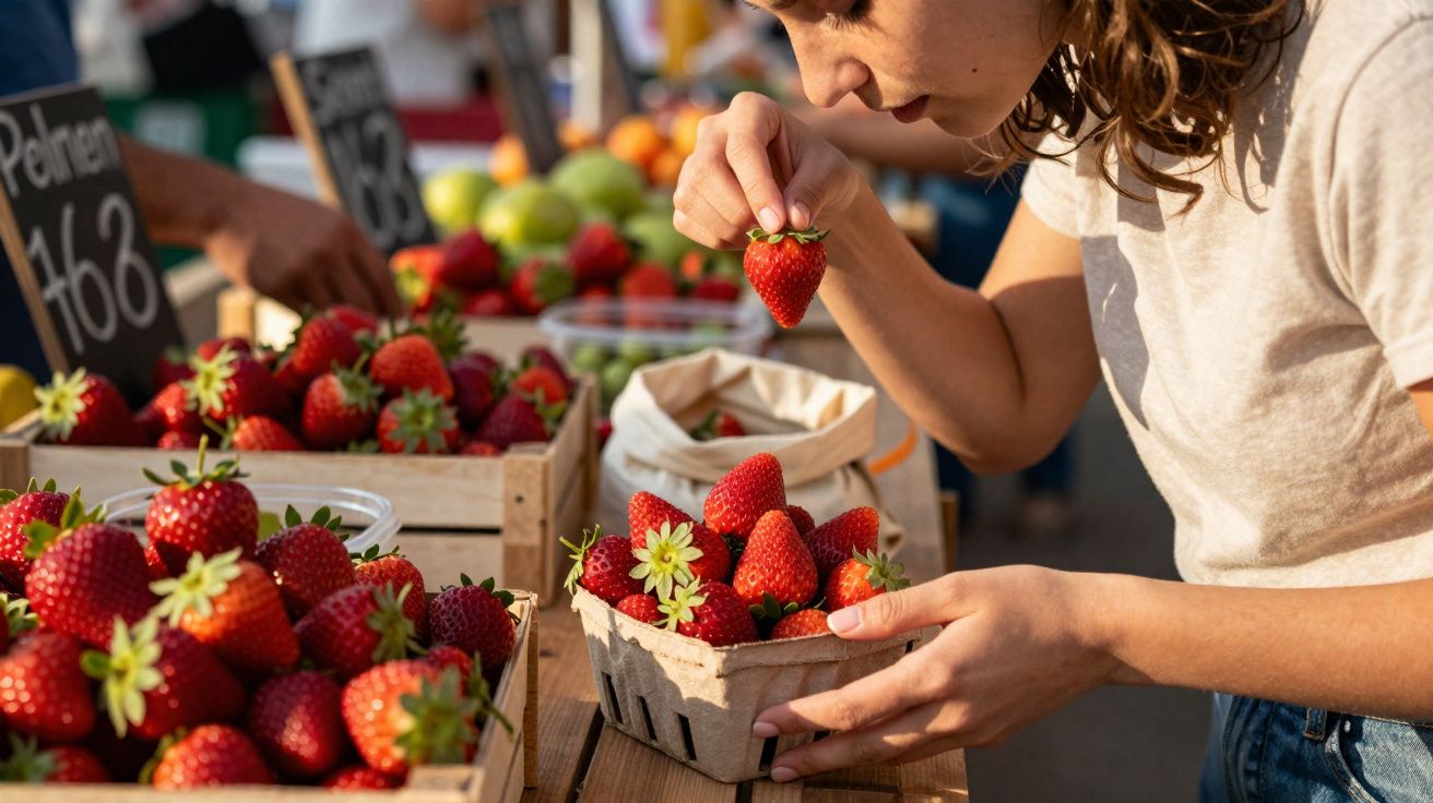 Femme qui sent une fraise dans un panier au marché, entourée de cagettes remplies de fraises rouges.