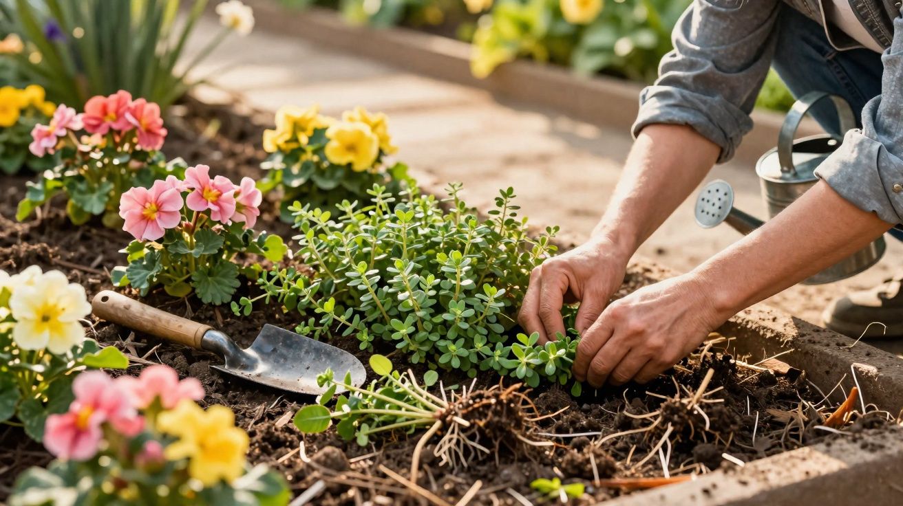 Personne plantant des fleurs colorées et un buisson dans un jardin au printemps, outil de jardinage à proximité.