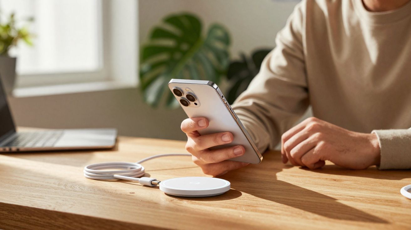 Personne tenant un smartphone près d'un chargeur sans fil blanc sur une table en bois, avec un ordinateur portable.