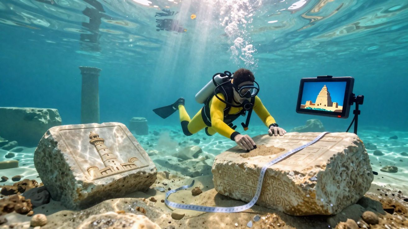 Plongeur examinant des ruines antiques sous-marines avec des tablettes et un écran digital au fond de l'eau.