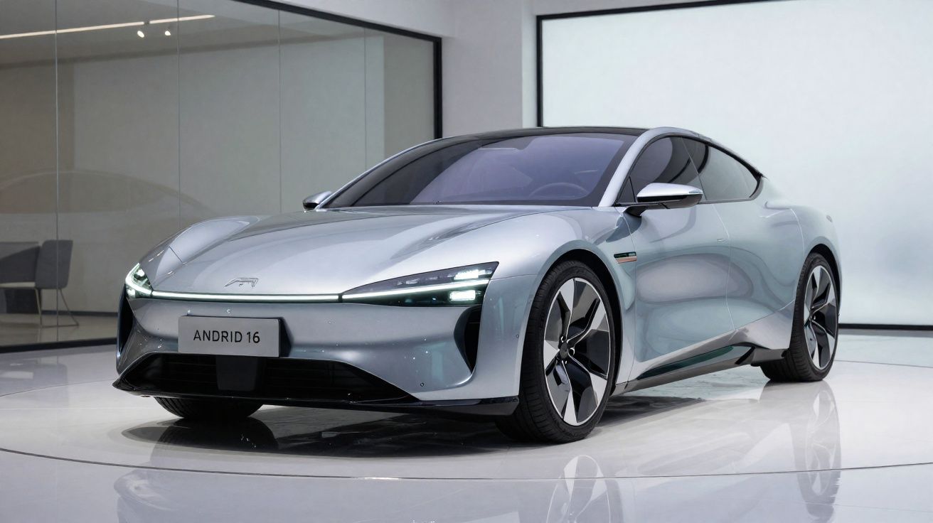 Voiture électrique sportive grise moderne avec design aérodynamique exposée en intérieur lumineux.