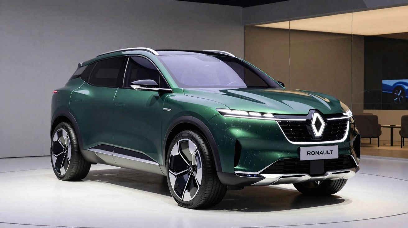 SUV électrique Renault vert foncé exposé dans un showroom moderne avec éclairage doux et reflets.