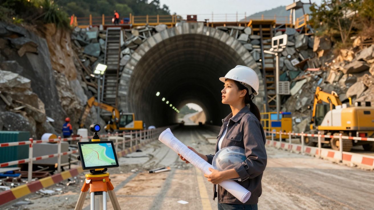 Ingénieure en casque blanc inspectant un chantier de tunnel avec plans et équipement topographique au lever du soleil.