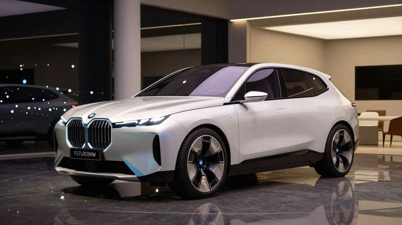 Voiture électrique BMW blanche futuriste exposée dans un showroom moderne et lumineux.