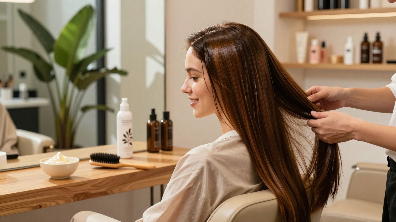 Jeune femme souriante assise en salon, coiffeur démêlant ses cheveux longs et lisses.