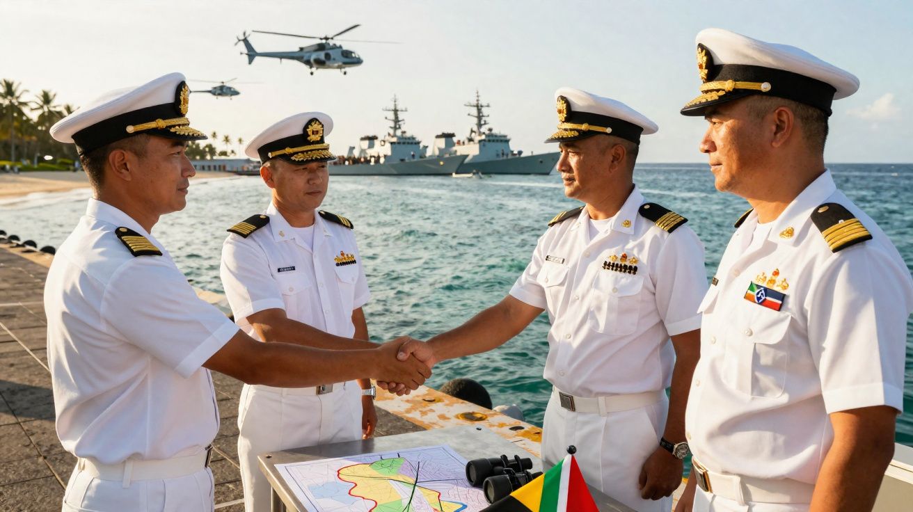 Quatre officiers de marine en uniforme se serrent la main près d'une carte, avec hélicoptères et navires en arrière-plan.