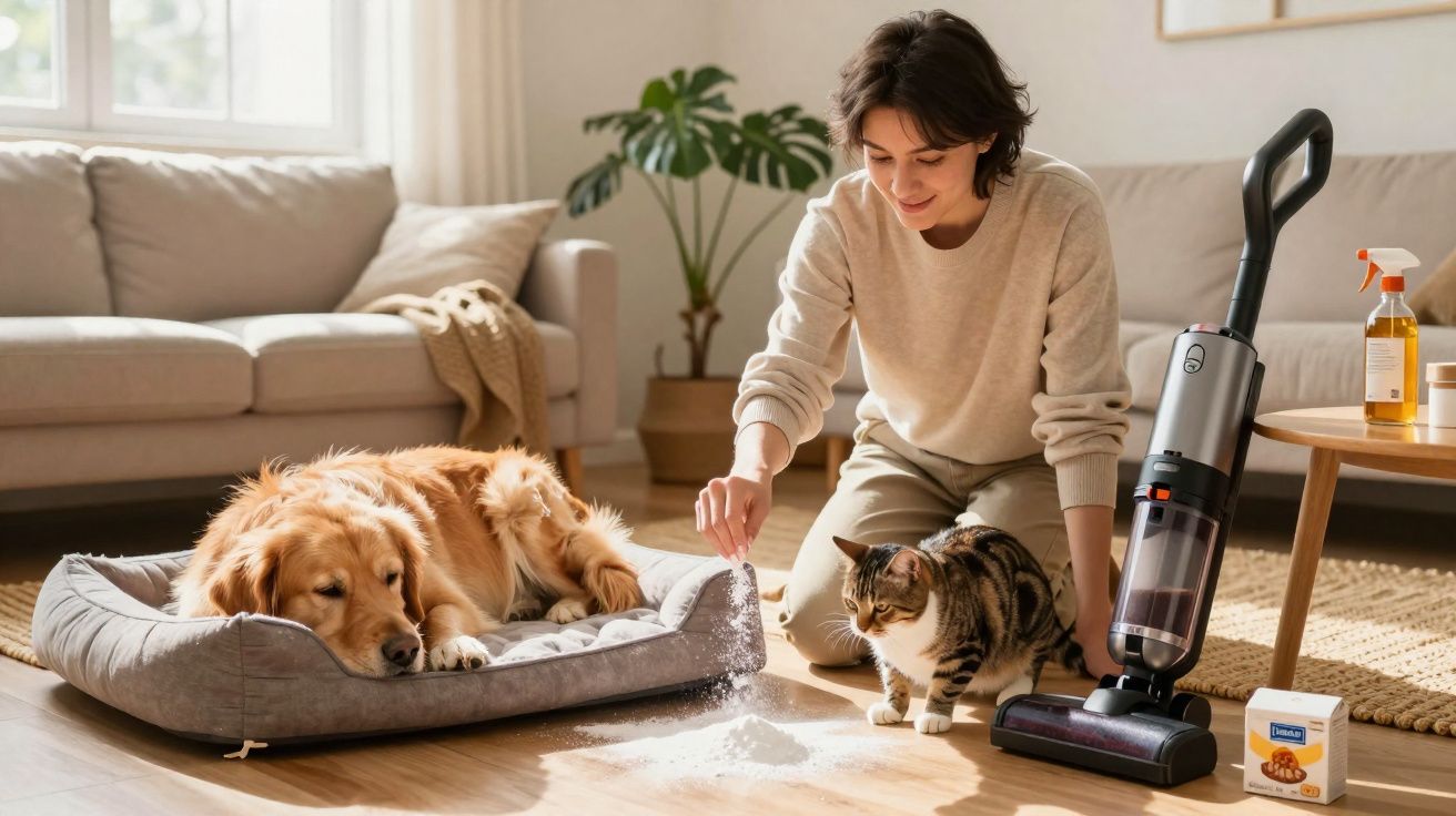 Femme nettoyant une tache au sol avec un aspirateur près d'un chien couché et d'un chat debout dans un salon lumineux.