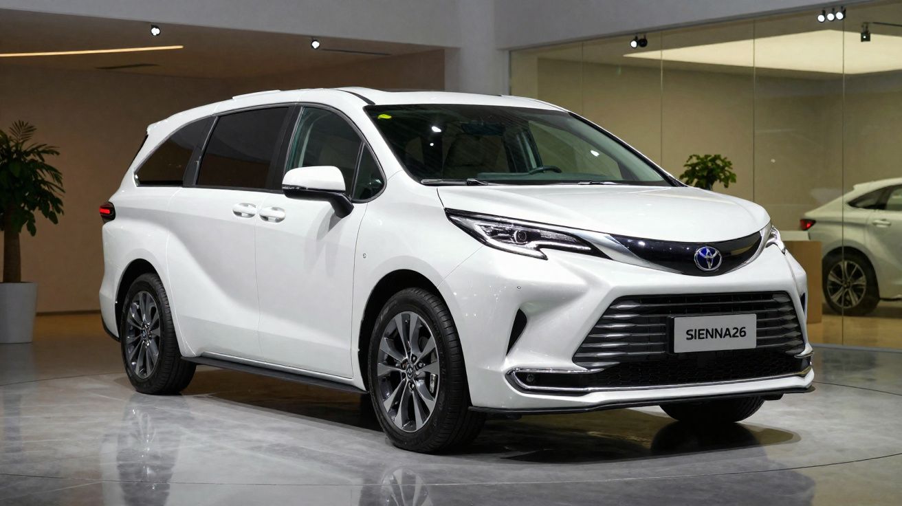 Toyota Sienna blanche moderne garée dans un showroom avec finition élégante et grandes fenêtres latérales.