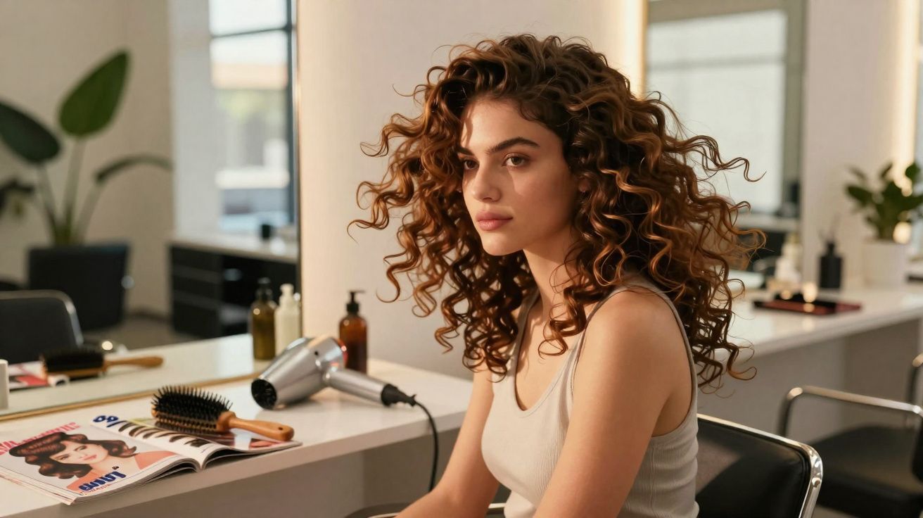 Femme aux cheveux bouclés assise dans un salon de coiffure avec un sèche-cheveux et une brosse sur le comptoir.