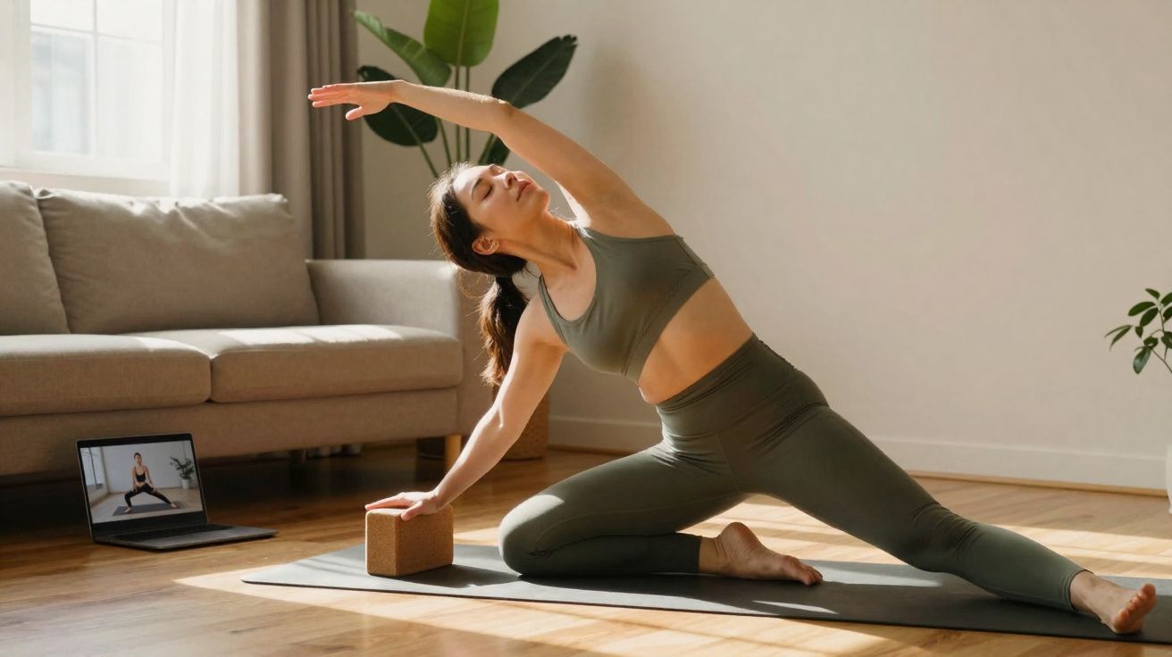 Femme en tenue de sport verte réalisant un étirement latéral sur un tapis de yoga dans un salon lumineux.