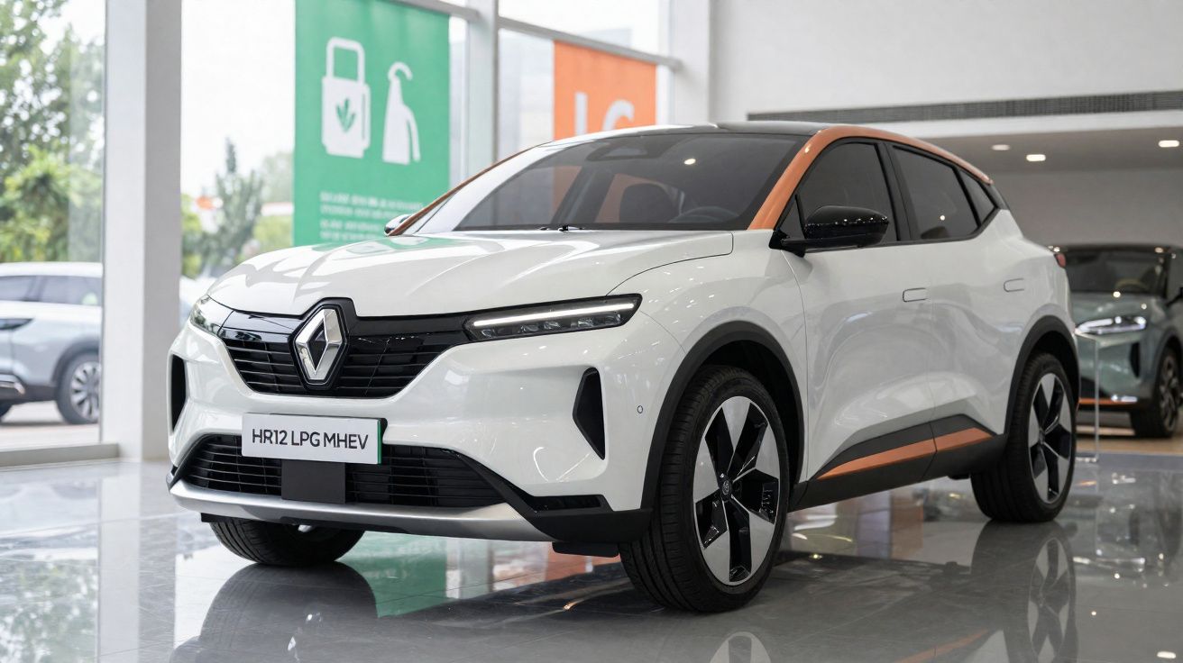 SUV Renault blanc avec détails orange exposé dans un showroom moderne brillant et lumineux.