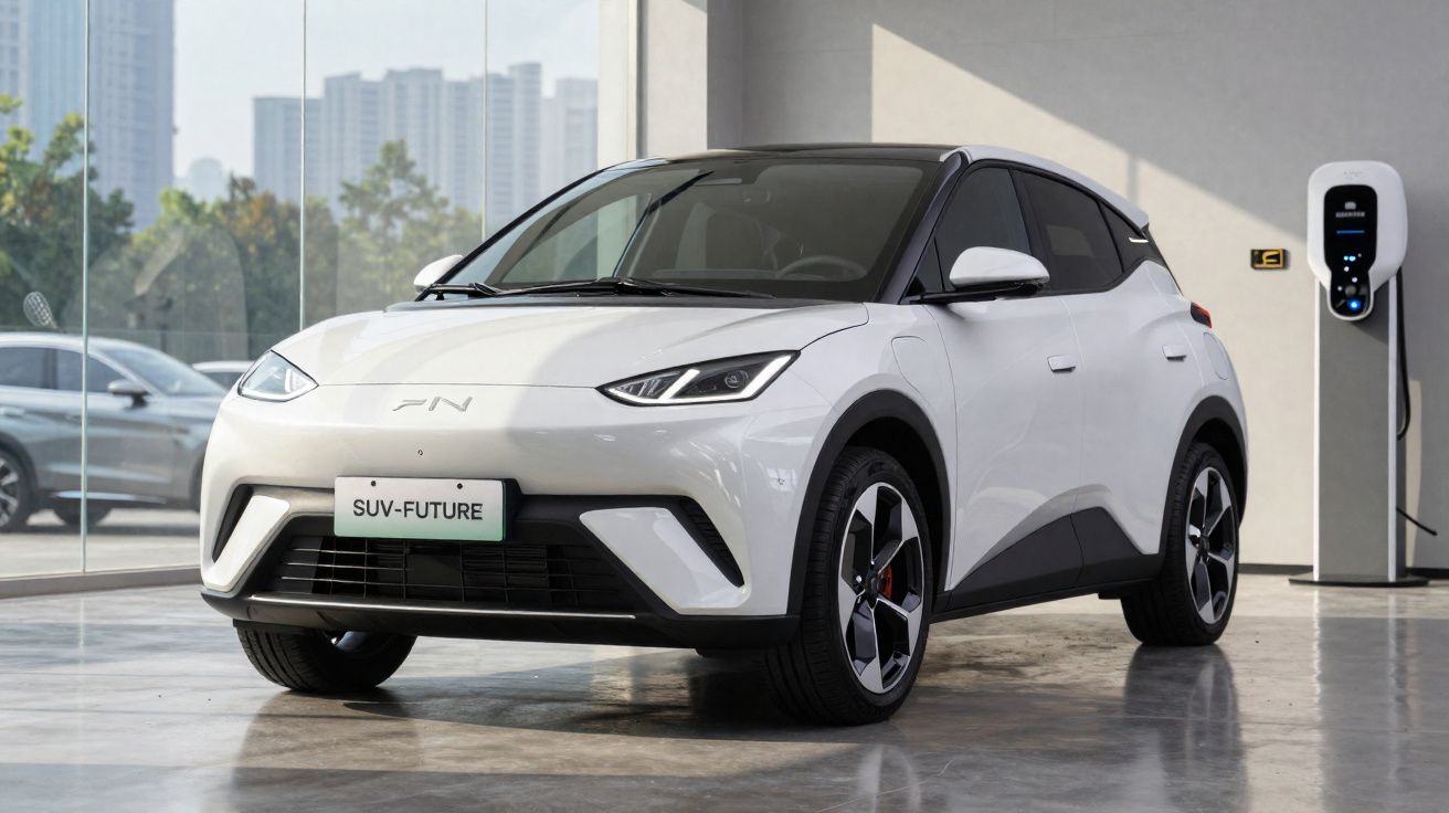 SUV électrique blanc garé dans un showroom, branché à une borne de recharge, ambiance urbaine lumineuse.