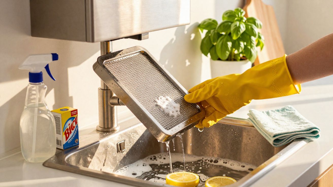 Main gantée jaune nettoyant un filtre de hotte avec un produit dans un évier en inox.