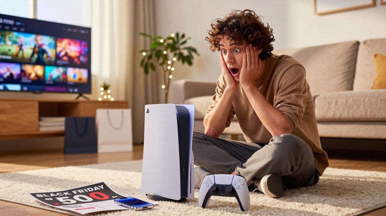 Jeune homme assis par terre, bouche ouverte de surprise devant une console PlayStation 5 dans un salon moderne.