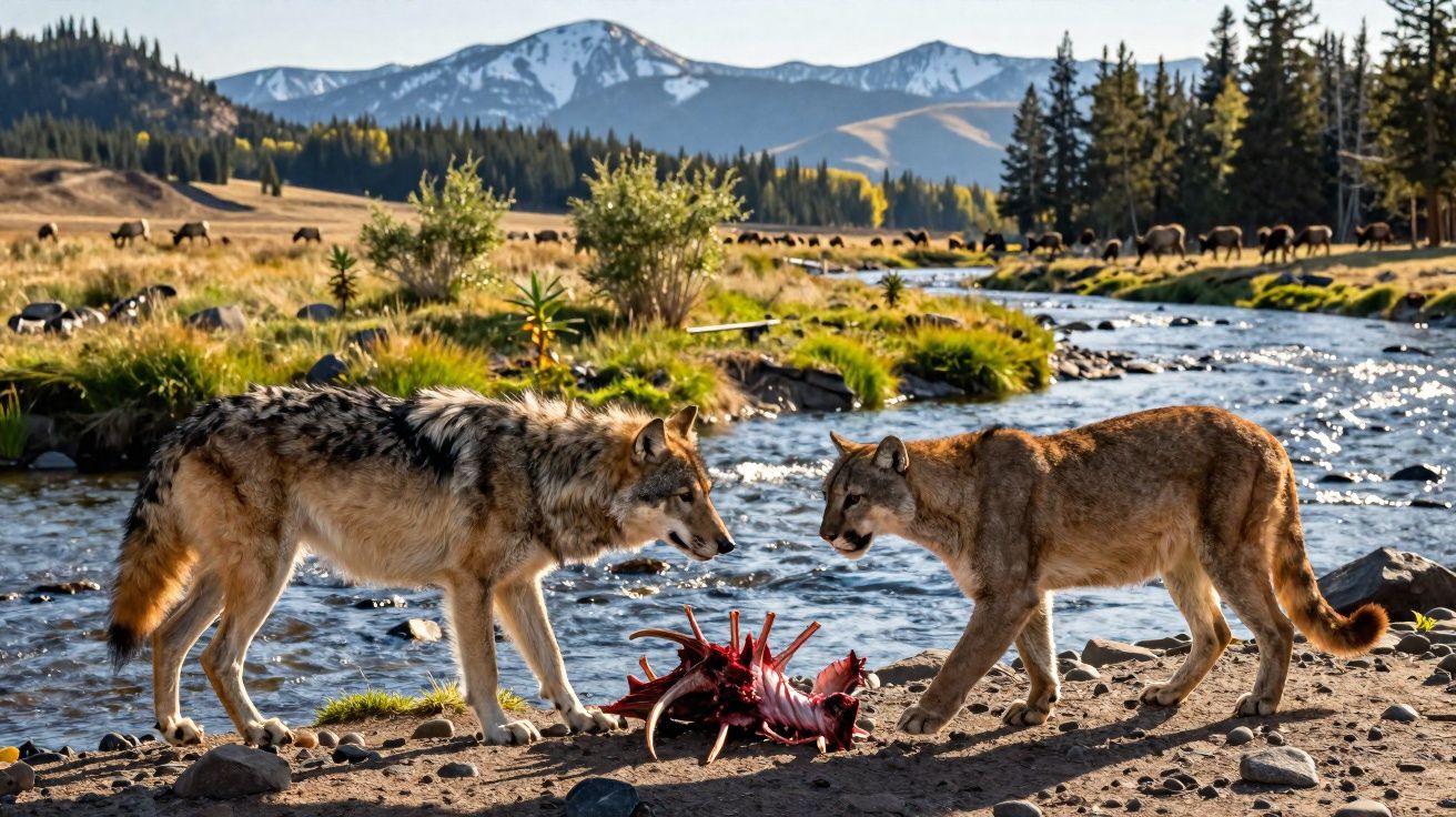 Un loup et un puma se font face près d’une rivière, avec des montagnes enneigées en arrière-plan.