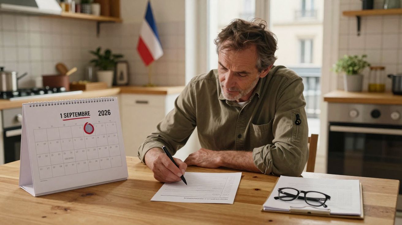 Homme concentré remplissant un formulaire à une table, calendrier marqué au 1er septembre 2026 à côté.