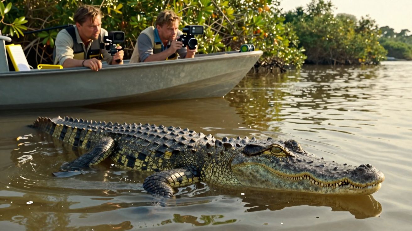 Un crocodile nage près d'un bateau où deux hommes filment avec des caméras au bord d'une rivière.