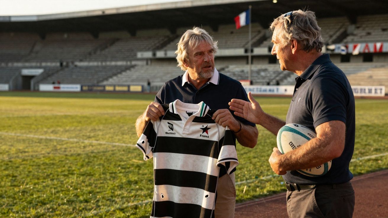 Deux hommes discutent sur un terrain de rugby, l'un tenant un maillot rayé noir et blanc, l'autre un ballon.