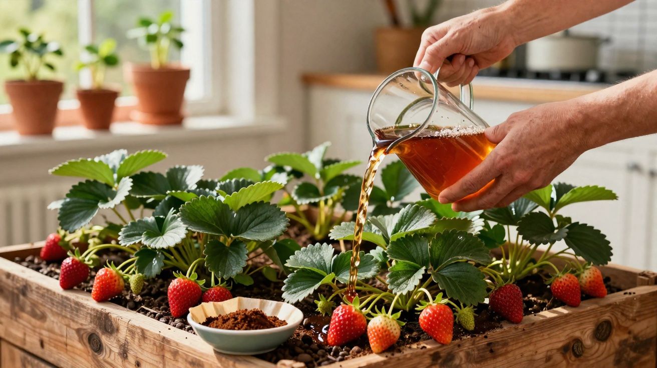 Arrosage d'une jardinière de fraisiers avec un arrosoir en verre dans une cuisine lumineuse.
