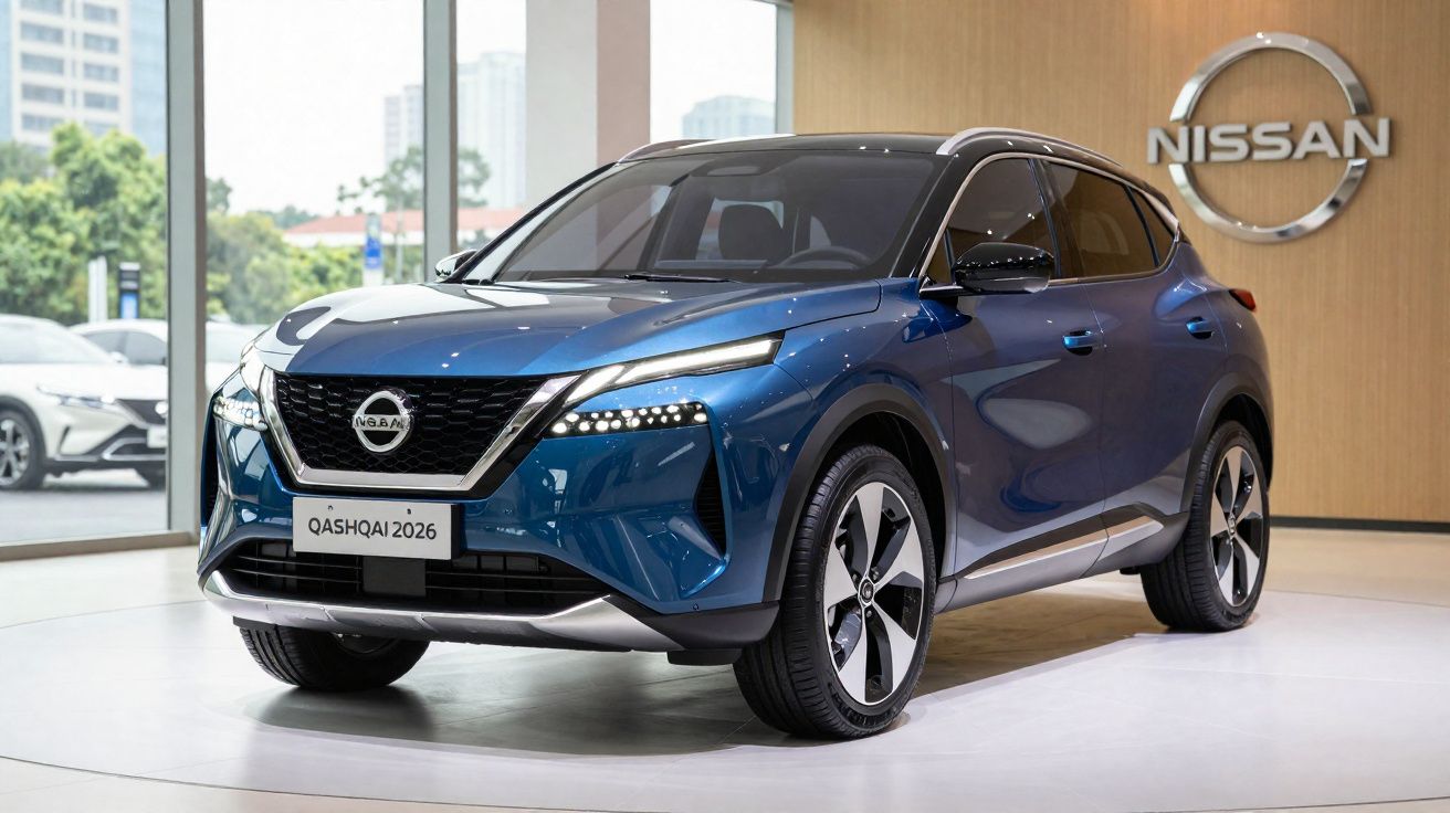 Véhicule Nissan Qashqai 2026 bleu exposé en intérieur avec logo Nissan sur fond bois.