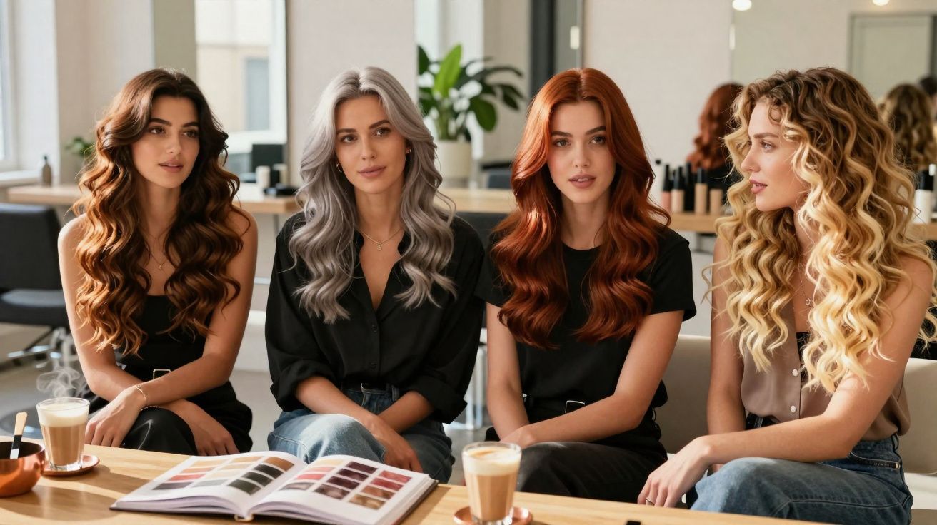 Quatre femmes avec différentes couleurs et styles de cheveux ondulés, assises autour d'une table avec café et catalogue.