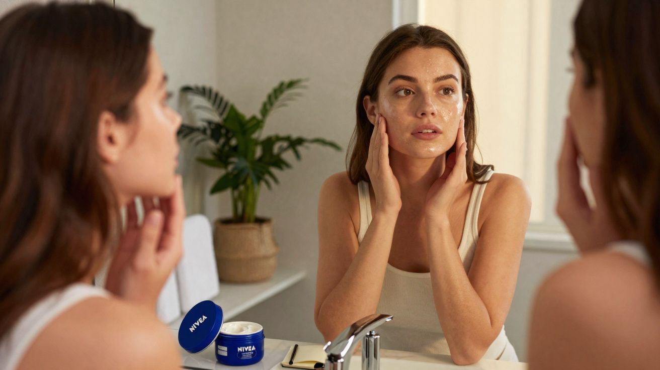 Femme appliquant une crème hydratante sur le visage devant un miroir dans une salle de bain lumineuse.