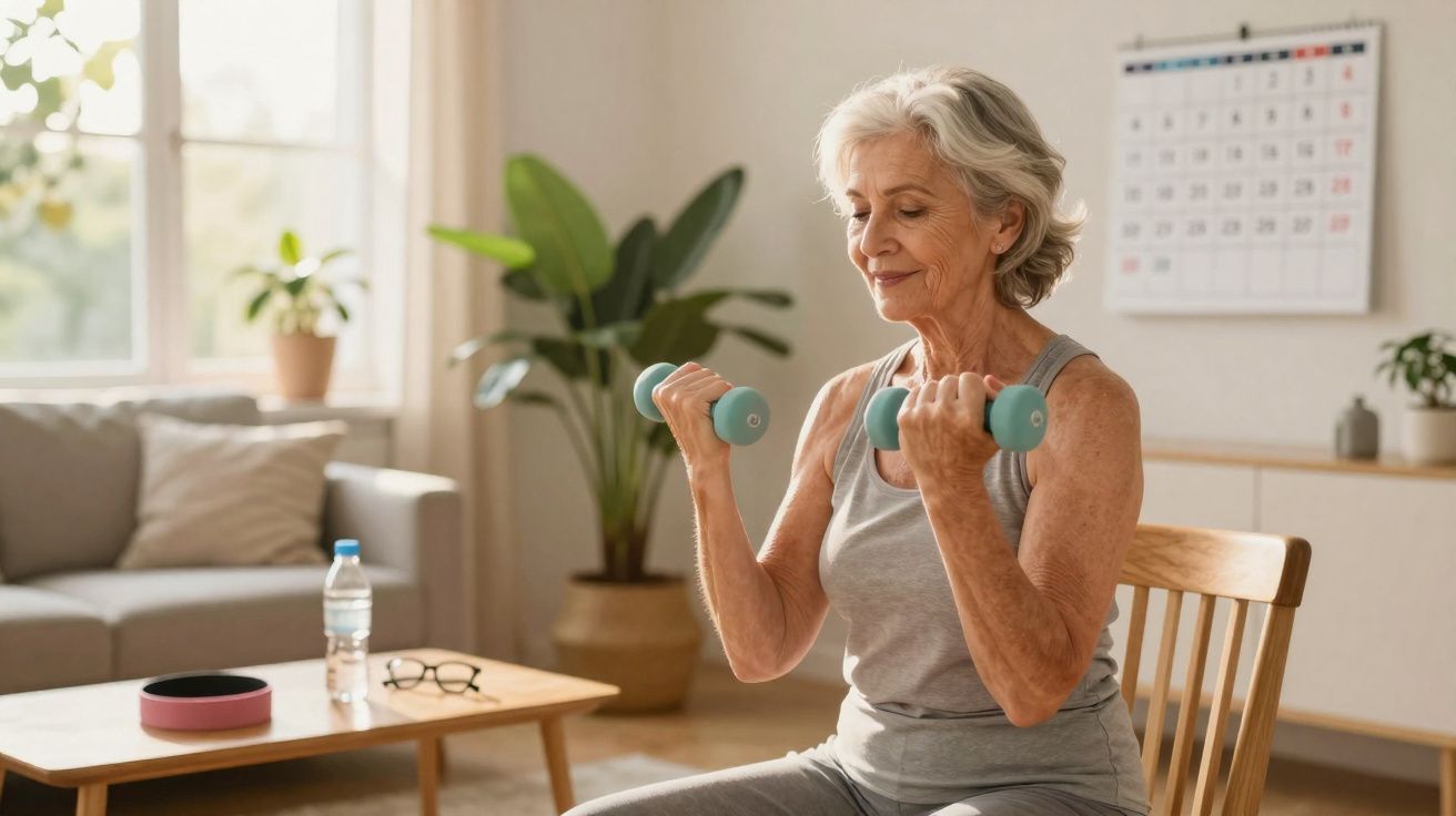 Femme âgée faisant des exercices de musculation avec des haltères assise dans un salon lumineux.
