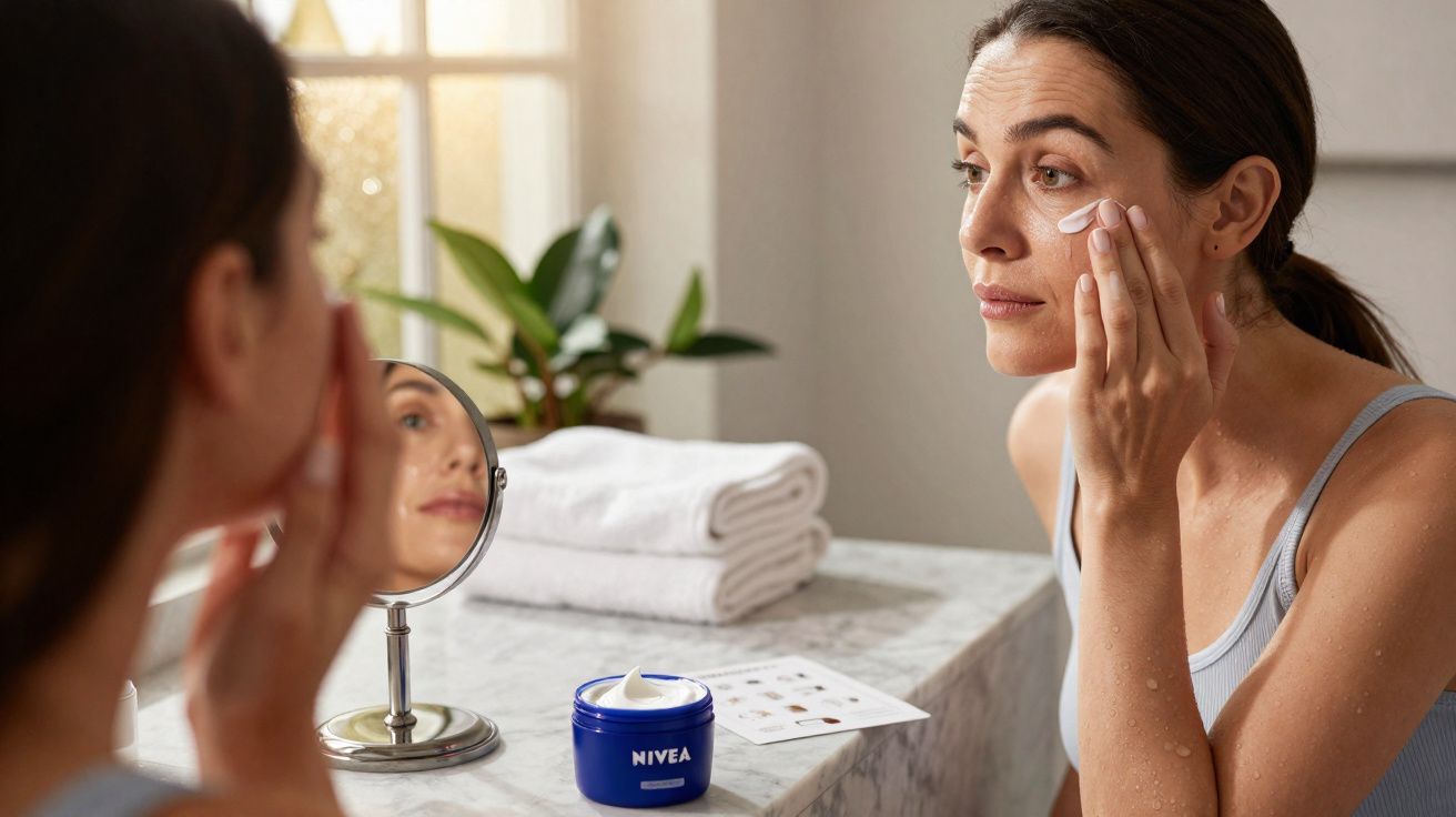 Femme appliquant une crème sur le visage devant un miroir sur une table en marbre avec pot de crème Nivea.