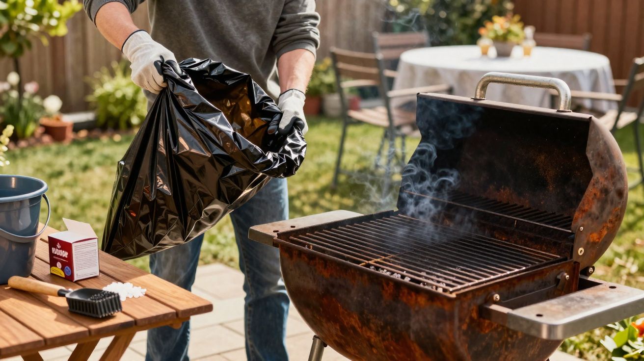 Personne en gants préparant un barbecue fumant dans un jardin avec table et chaises en arrière-plan.