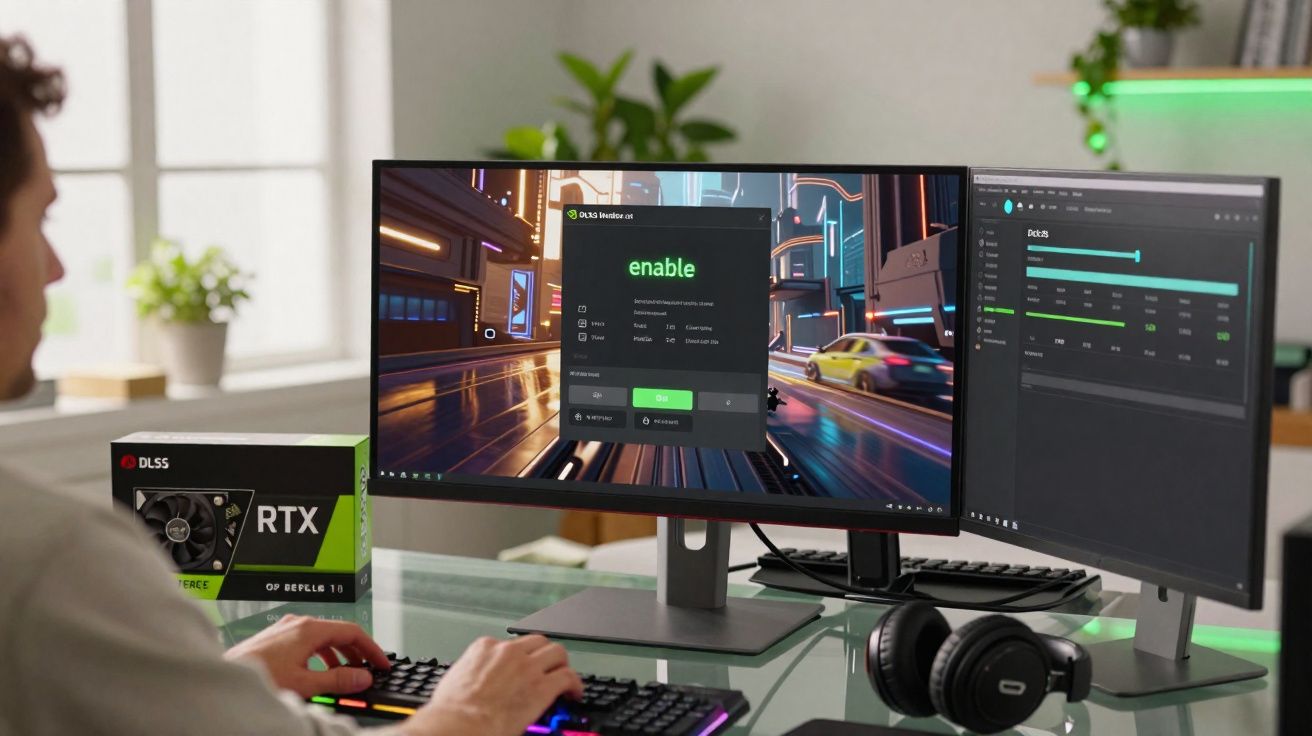 Personne utilisant un PC avec deux écrans affichant des réglages NVIDIA DLSS et une carte graphique RTX sur le bureau.