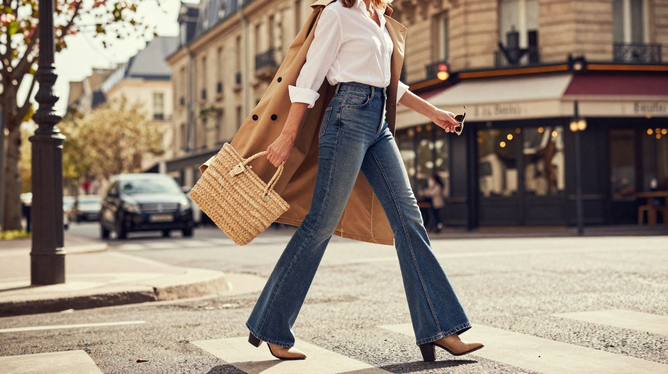 Femme élégante en chemise blanche, jean évasé et trench beige marche sur un passage piéton en ville.