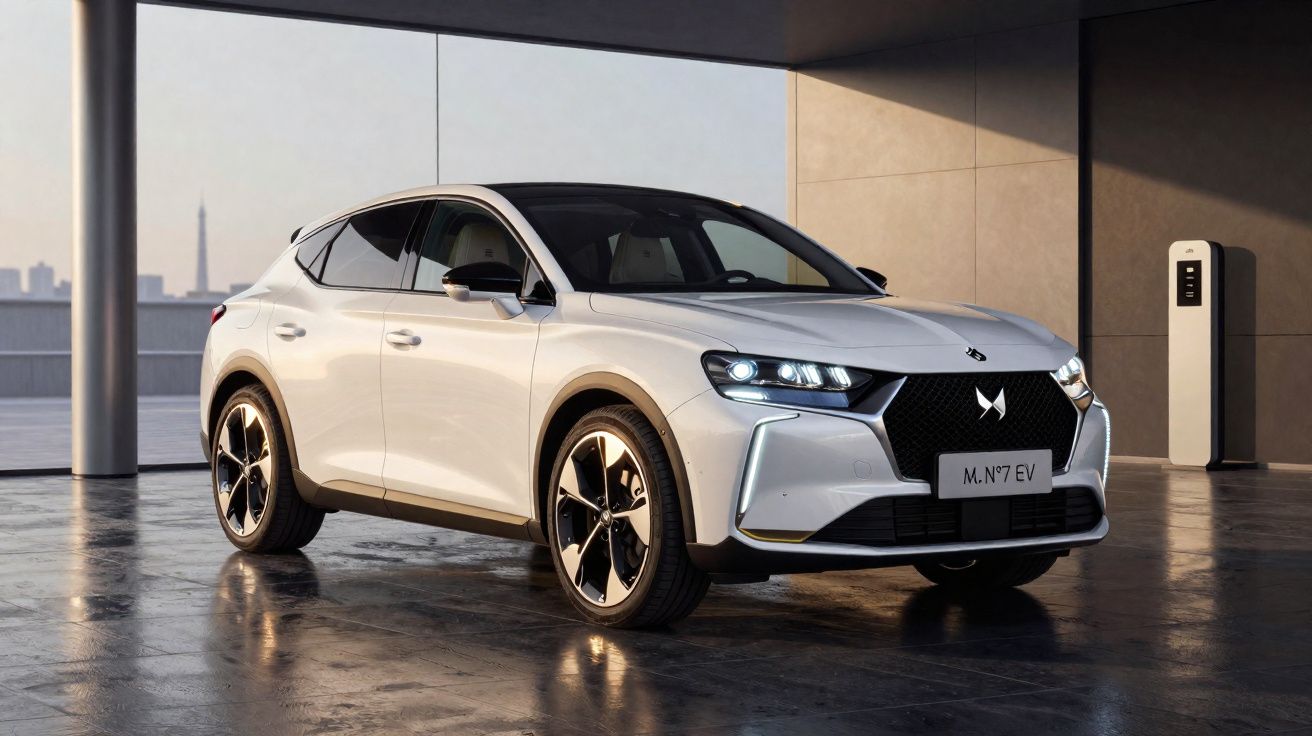 SUV électrique blanc DS Automobiles garé près d'une borne de recharge dans un environnement moderne urbain.