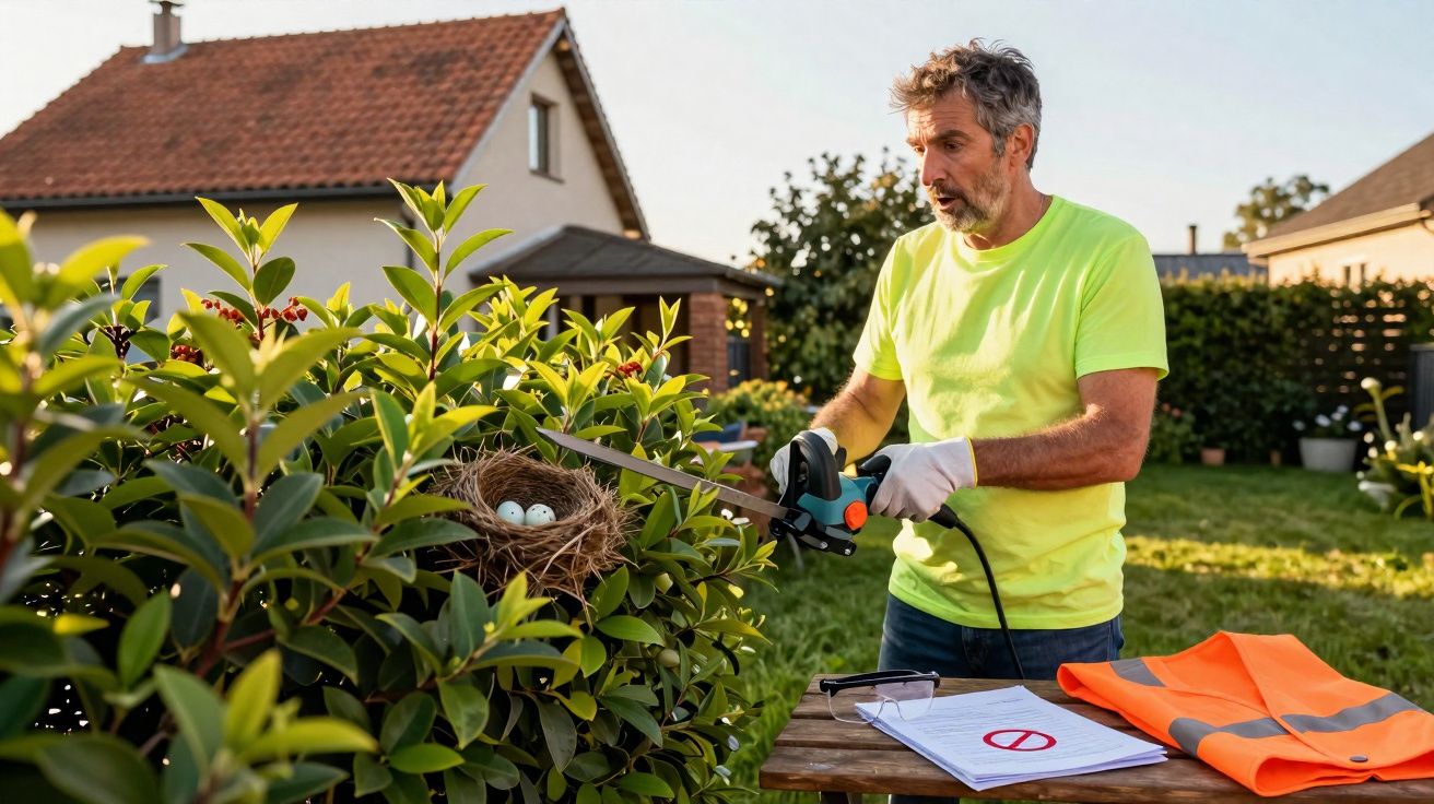 Homme en gants et tee-shirt jaune taille une haie électrique près d’un nid d’oiseaux avec œufs.
