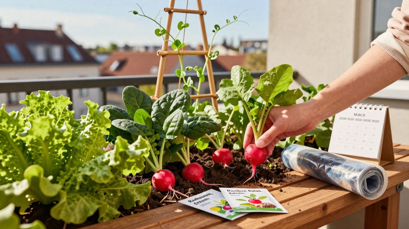Jardin urbain avec des radis, salade, épinards et une main récoltant un radis rouge sur un balcon ensoleillé.